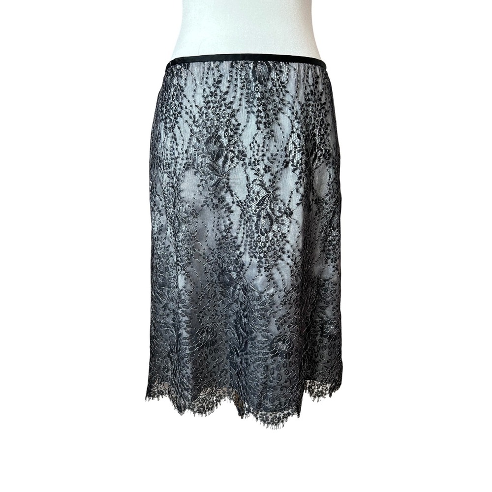 Ann Taylor Silky Silver Skirt with Black Lace Romantic Feminine Size 8 - Picture 2 of 7